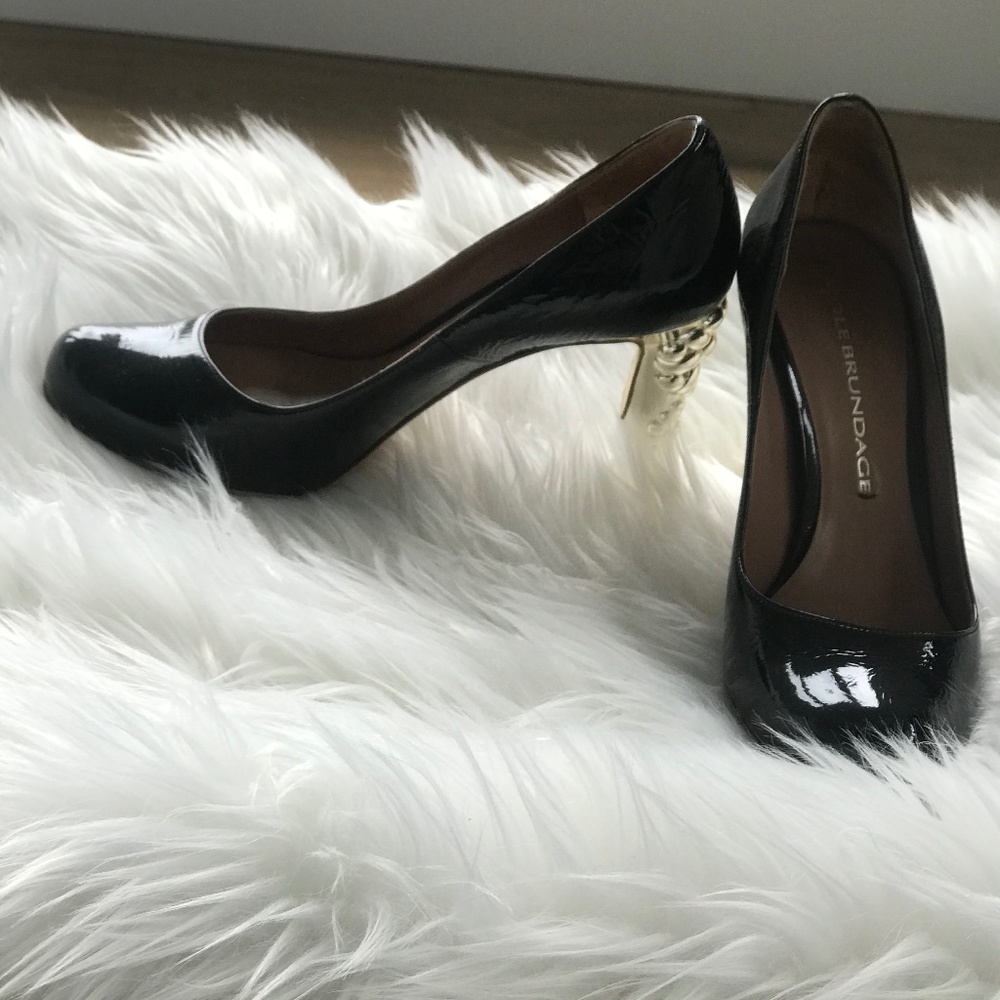 Nicole Brundage Patent Pumps with Silver Heel